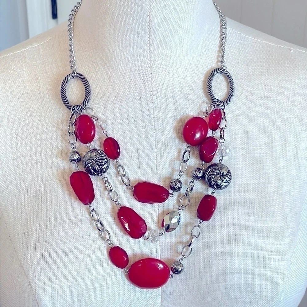 💐5/25 triple strand red silver tone necklace open oval textured links